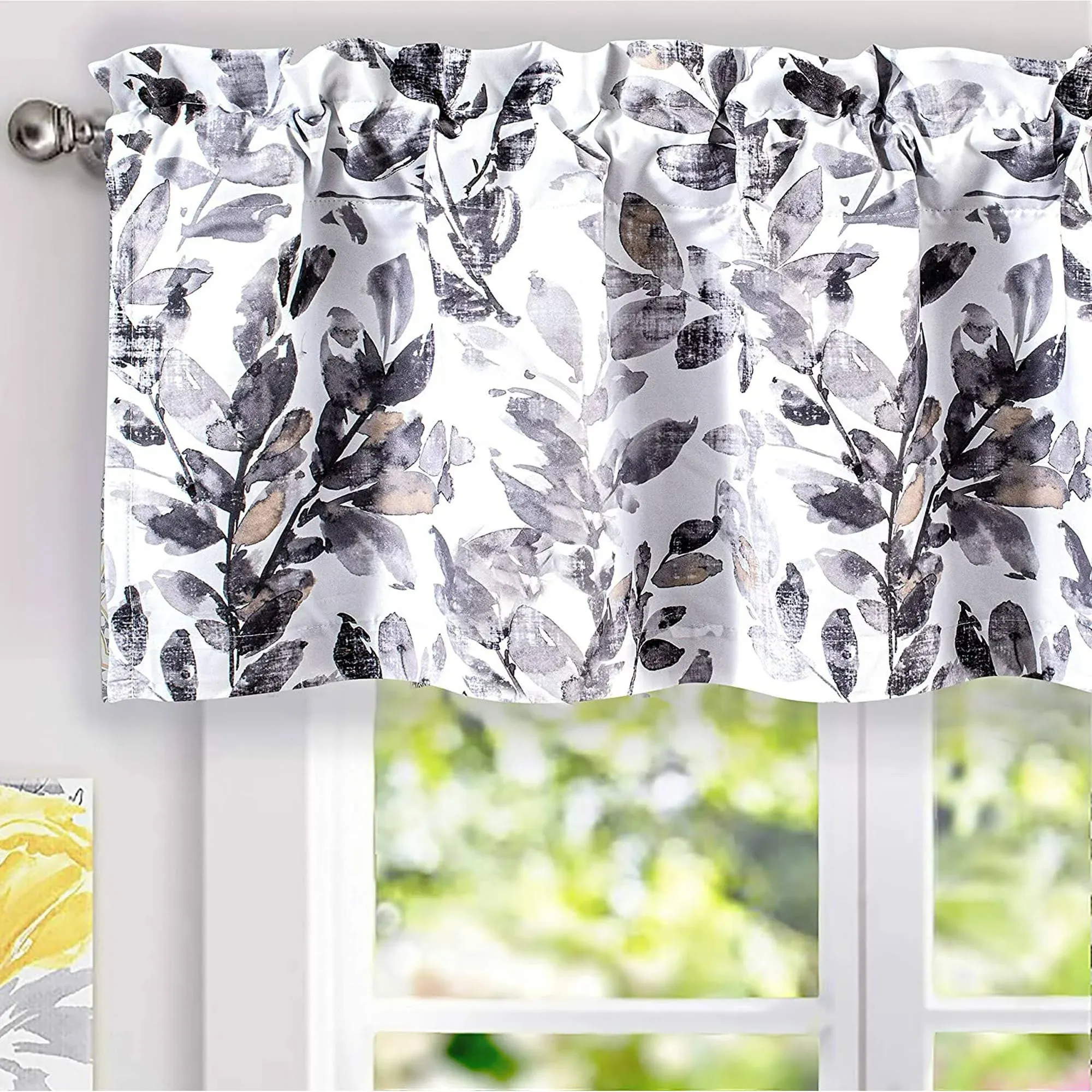 Luxury Home | Chic Farmhouse Grey &amp; White Heathered Leaf Print Window Valence