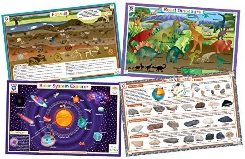 Tot Talk Educational Kids Placemats - Stem - Science Table Mats: Solar System, Dinosaurs, Rocks, Fossils - Reversible Activities