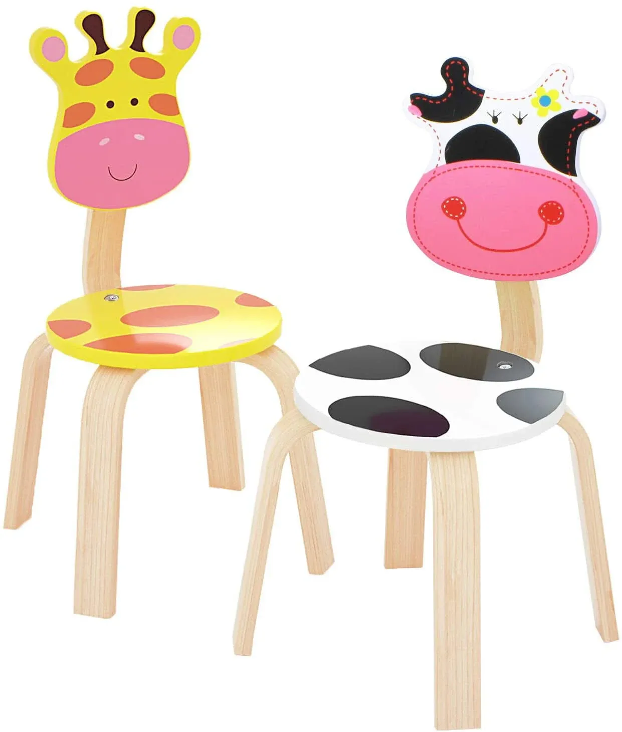 iPlay, iLearn 2 PCS Wooden Kids Chair Sets, Natural Hardwood Giraffe and Frog 