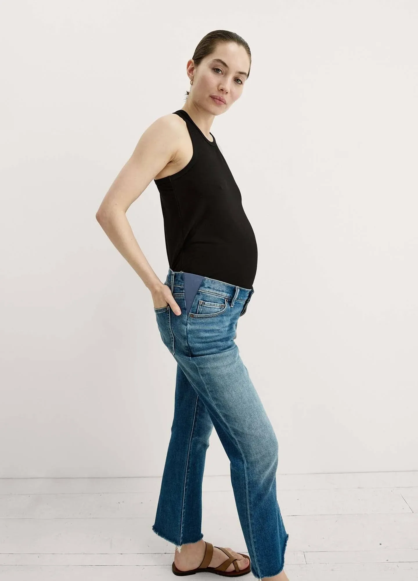 Hatch || The Crop Maternity Jean Under Belly Raw Hem Flare Blue 25