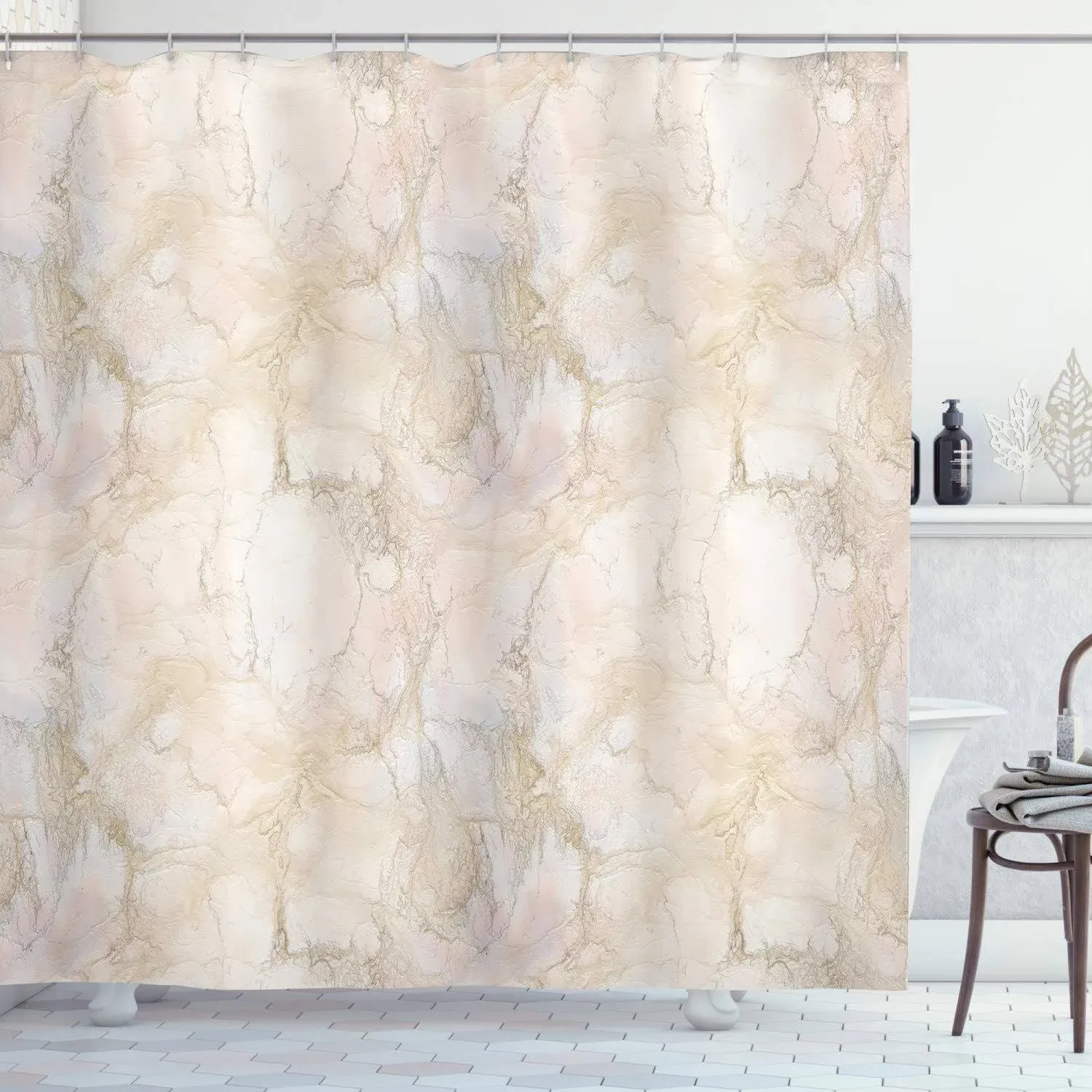 Ambesonne Marble Print Shower Curtain, Pastel Colored Stone Background Crack Patterns Architecture and Building Material, Cloth Fabric Bathroom Decor Set with Hooks, 69" W x 70" L, Beige