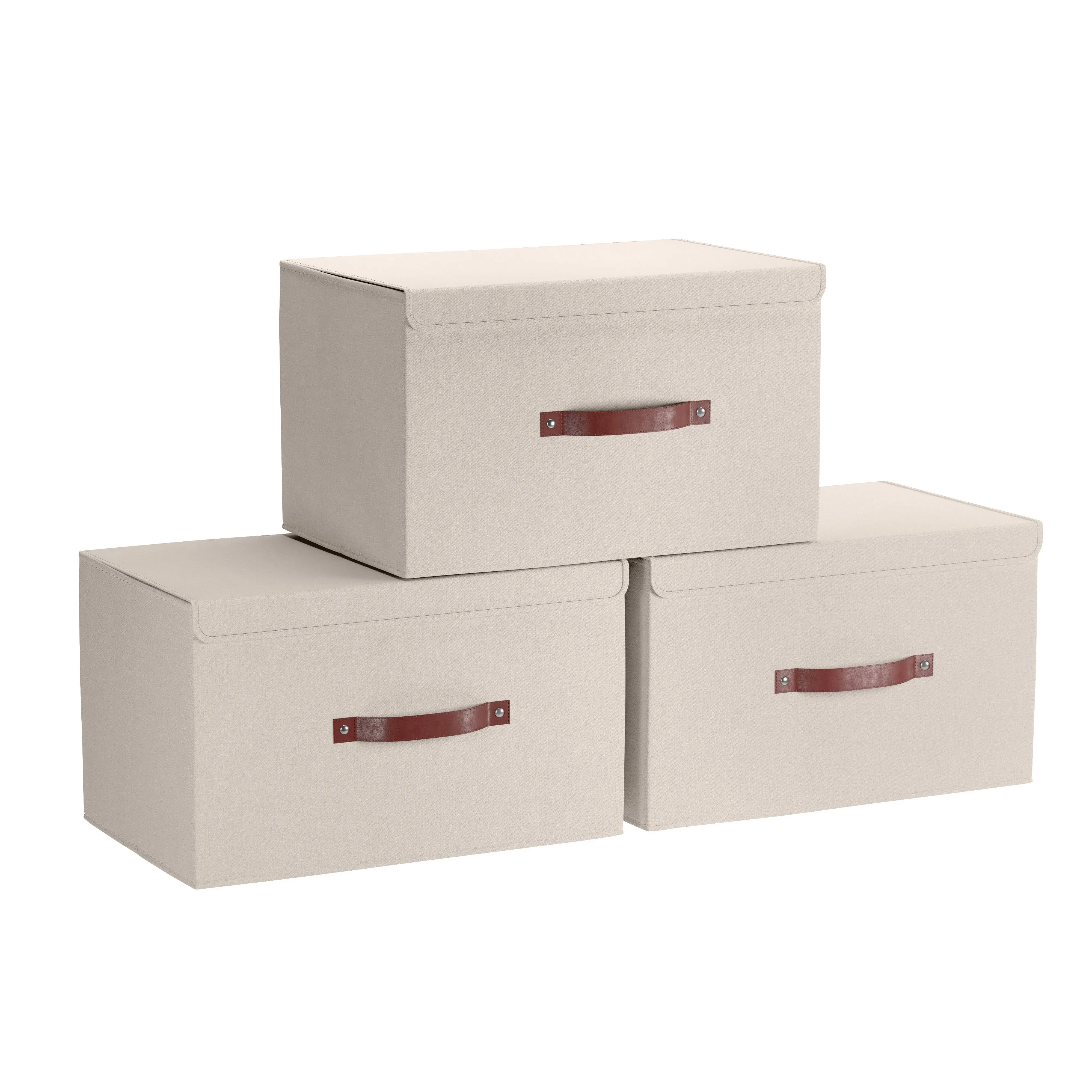 Foldable Linen XLarge Storage Bin with Leather Handles and Lid - Set of 3 - Beige