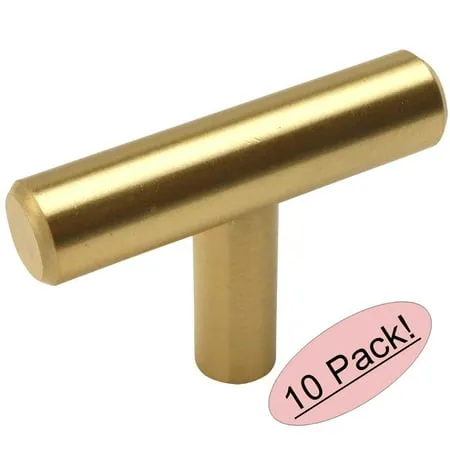 Cosmas 10 Pack 305BB Brushed Brass Cabinet Hardware Euro Style T Bar Knob - 2" Overall Length