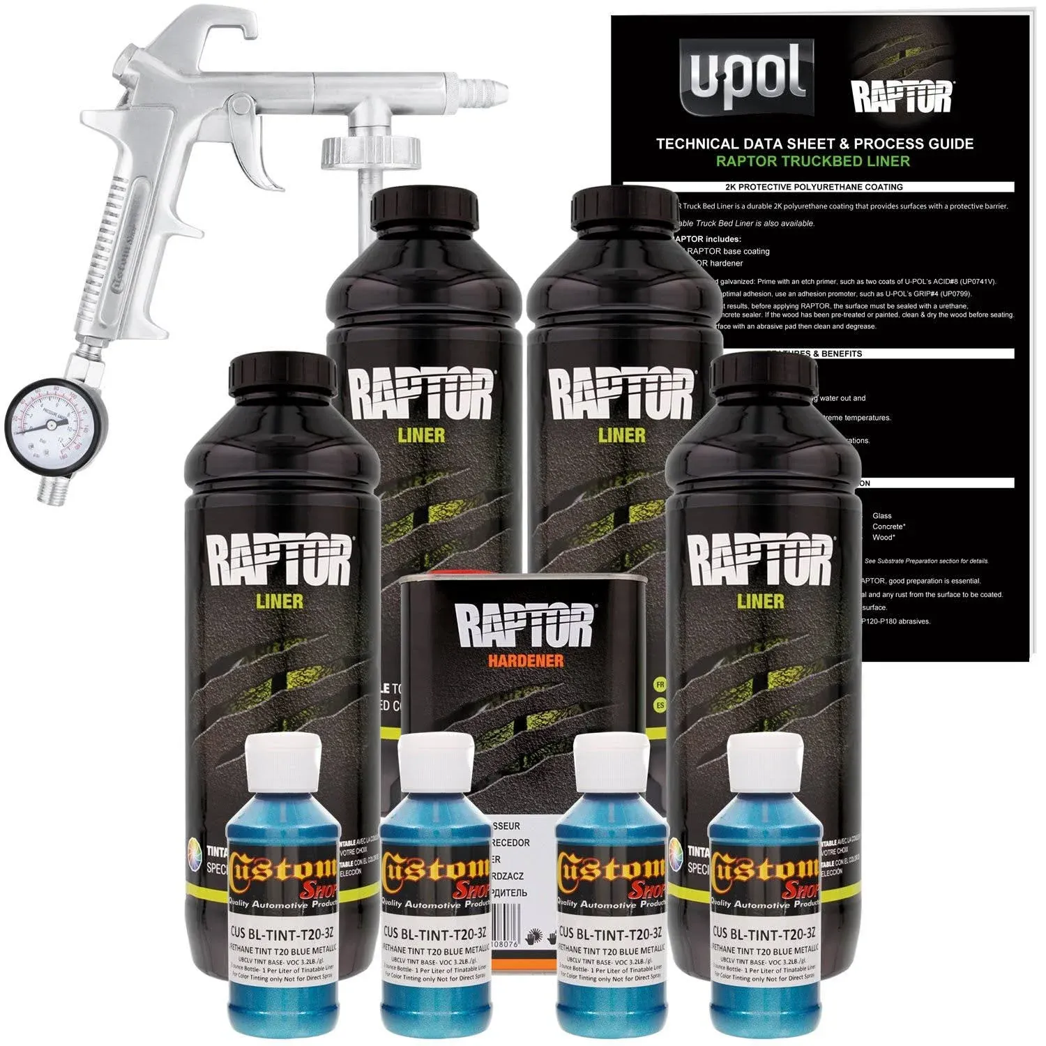 U-POL Raptor Blue Metallic Urethane Spray-On Truck Bed Liner Kit w/ Free Spray Gun, 4 Liters