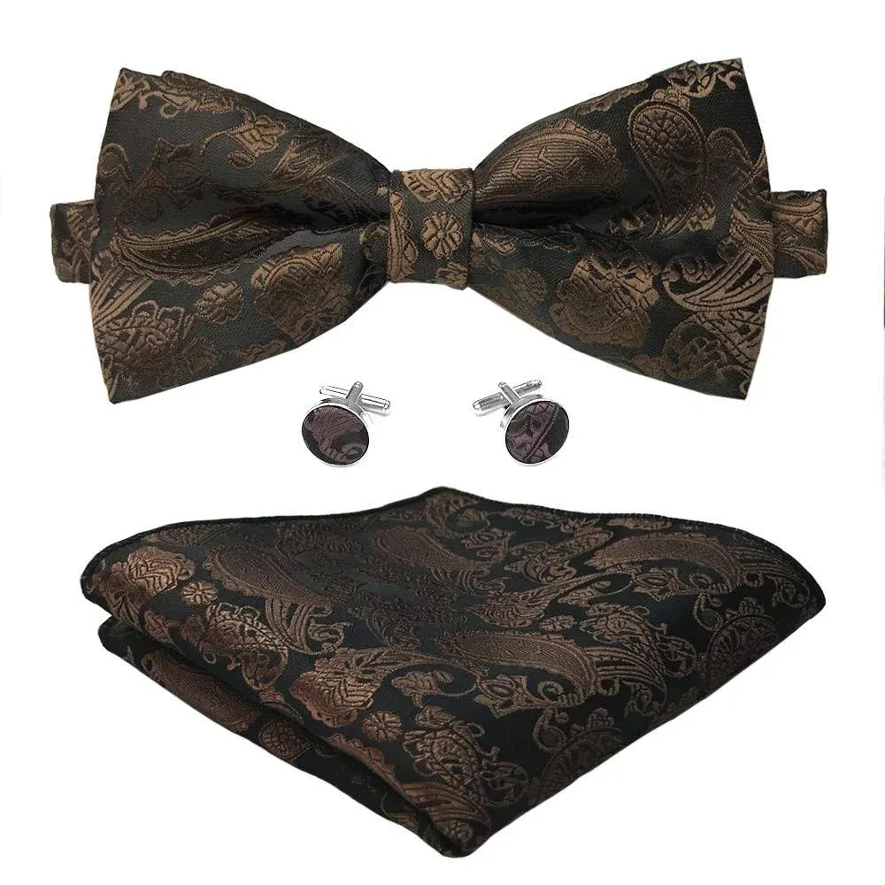 CANGRON Men Pre-Tied Paisley Bow Ties Pocket Square Cufflinks Bowties Set BSP3ZH