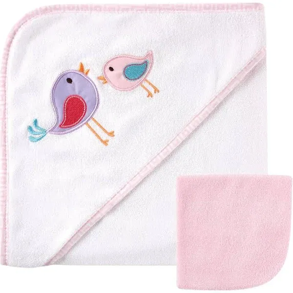 Luvable Friends Hooded Towel and Washcloth, Pink Bird