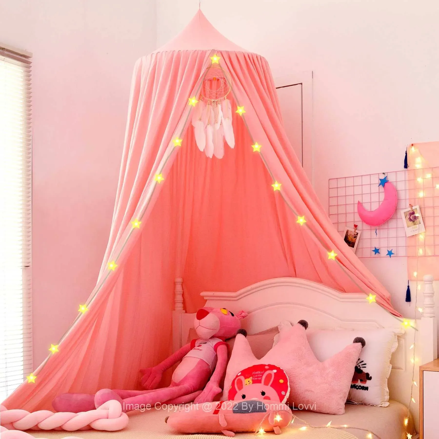 Hommi Lovvi Bed Canopy for Girls, Princess Canopy for Girls Bed, Nursery Crib Canopy for Kids Room Decor, Extra Large Hanging Girls Canopy Full Size Play Tent Reading Corner with String Light - Pink