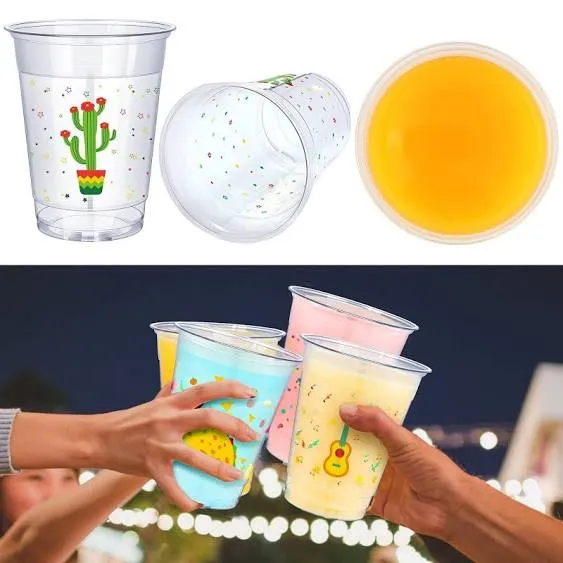 meekoo 100 Pack 12 oz Fiesta Cups Plastic Cups Mexican Cups Clear Disposable Cups Cinco De Mayo Party Decorations for Fiesta Taco Birthday Party Drinkware Supplies, 4 Styles