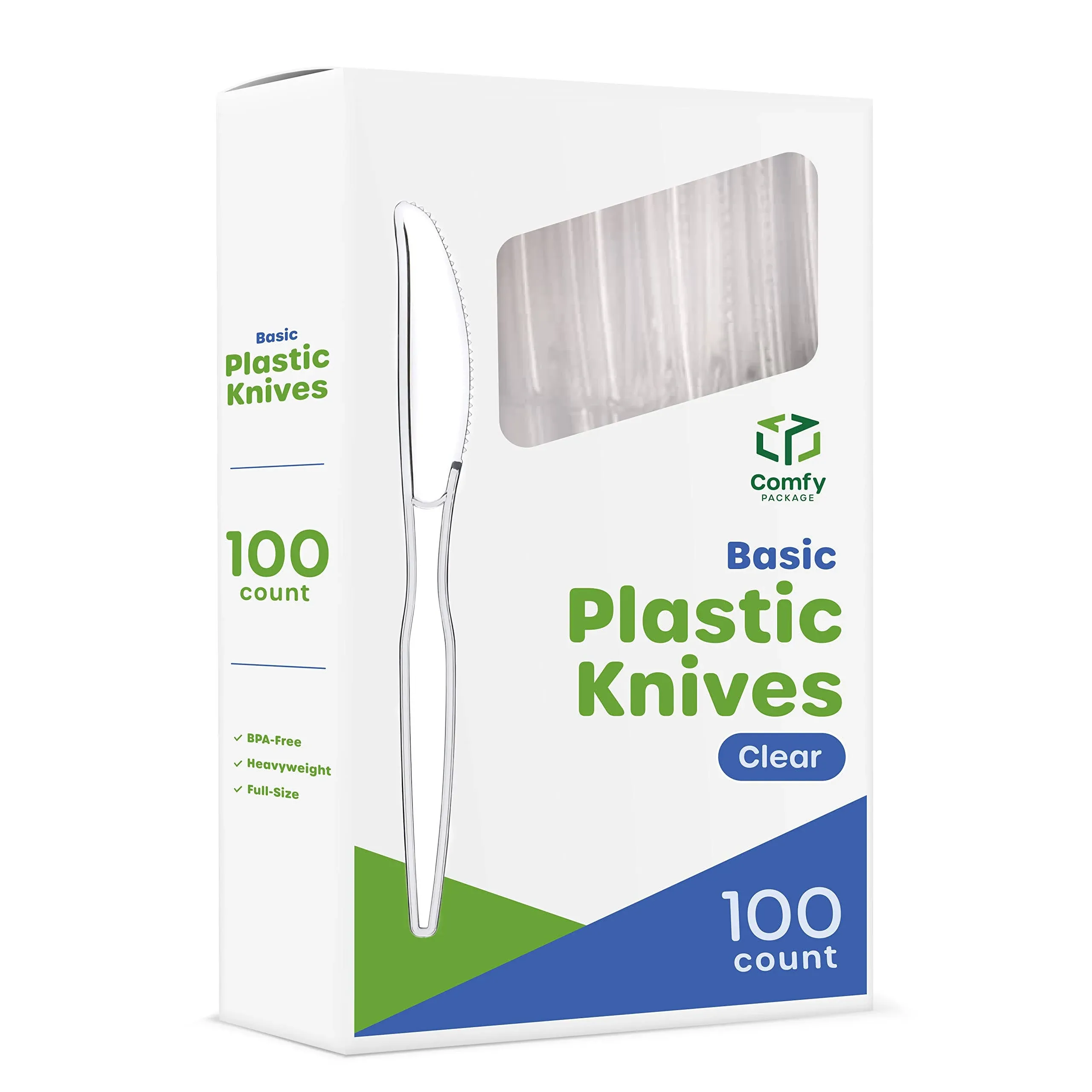 Comfy Package [100 Pack Heavy Duty Disposable Clear Plastic Knives - Basic Cutlery for Parties, Events, and Everyday Use