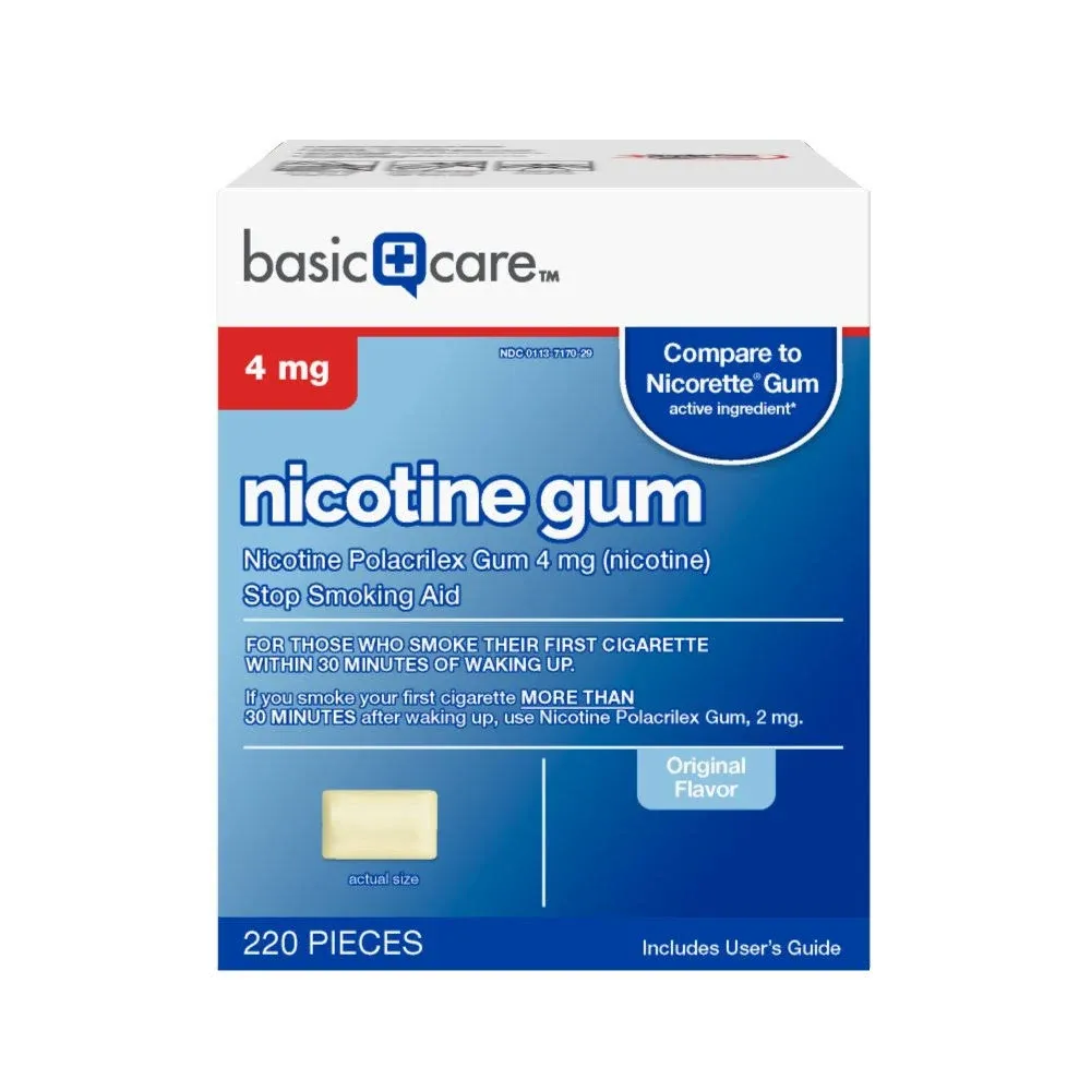 Amazon Basic Care Uncoated Nicotine Polacrilex Gum 4 mg, Original Flavor, Stop Smoking Aid, 220 Count