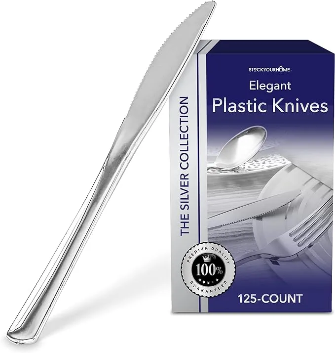 Stock Your Home 125 Disposable Heavy Duty Plastic Knives, Fancy Plastic Silverware Looks Like Real Cutlery - Utensils Perfect for Catering Events, Restaurants, Parties and Weddings (Silver)