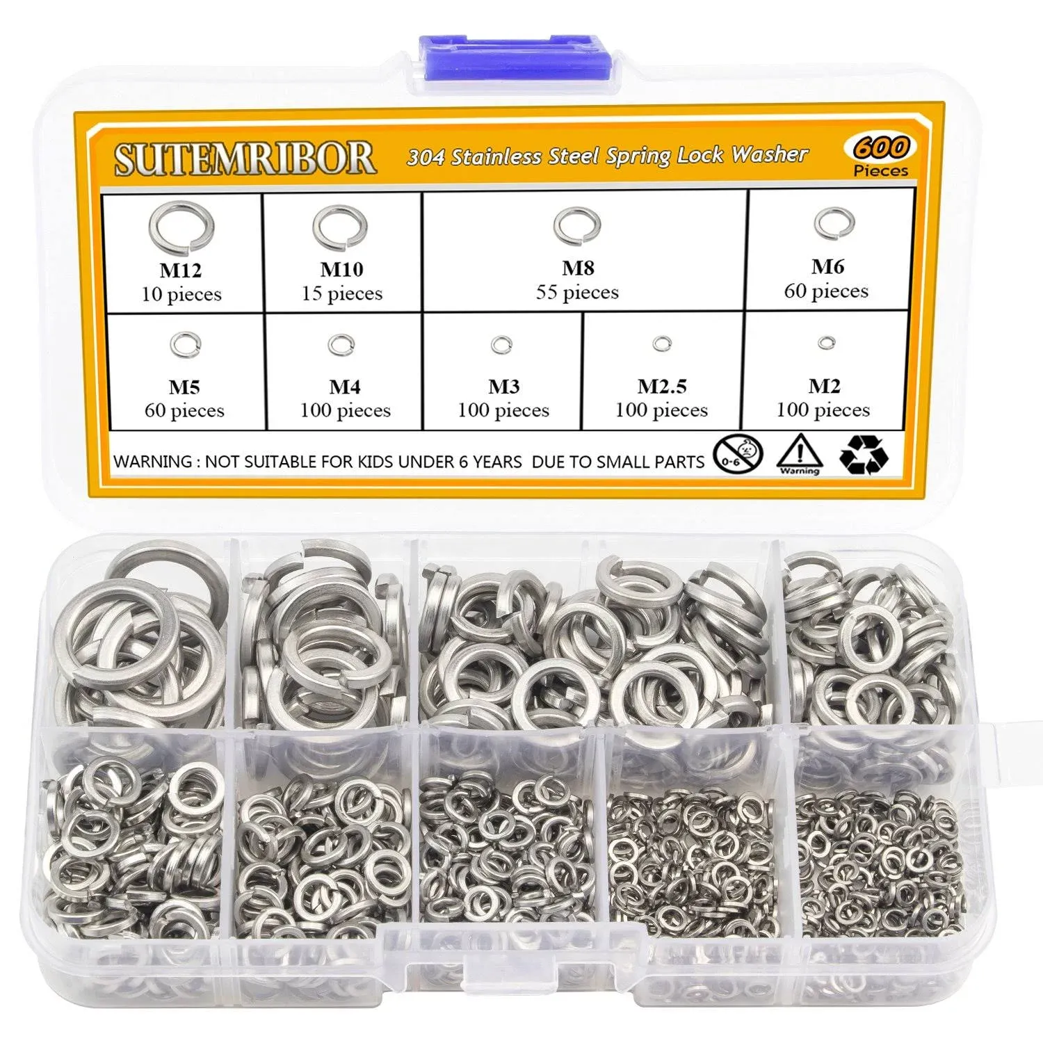 304 Stainless Steel Spring Lock Washer Assortment Set 600 Pieces, 9 Sizes - M...