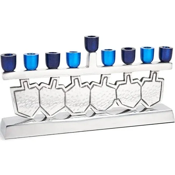 Dancing Dreidels Menorah with Multi-Blue Anodized Cups