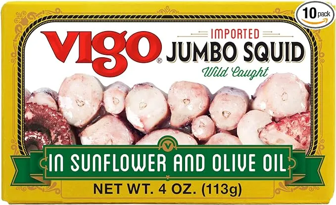 Vigo Premium Imported Canned Seafood, Jumbo Squid in Sunflower & Olive Oil, Specialty Flavored, Perfect for Recipes and Dishes (Jumbo Squid in Sunflower & Olive Oil, 4 Ounce (Pack of 10))