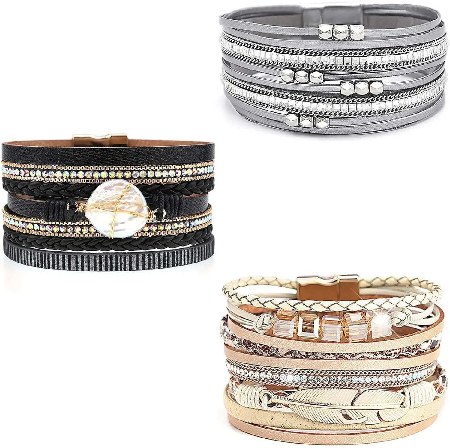 Wowanoo brace Wowanoo 3Pack Leather Cuff Bracelet Set Multilayer Wrap Bracelet Crystal Feather Tree Bracelet Magnetic Clasp Bracelet for Women