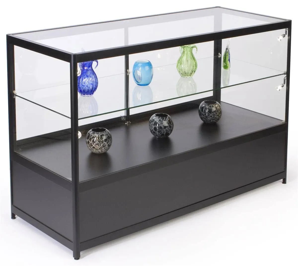 Displays2go 60 inch Glass Showcase, Hidden Storage, LED Lights, Lockable Sliding Door - Black (iaphv60led)