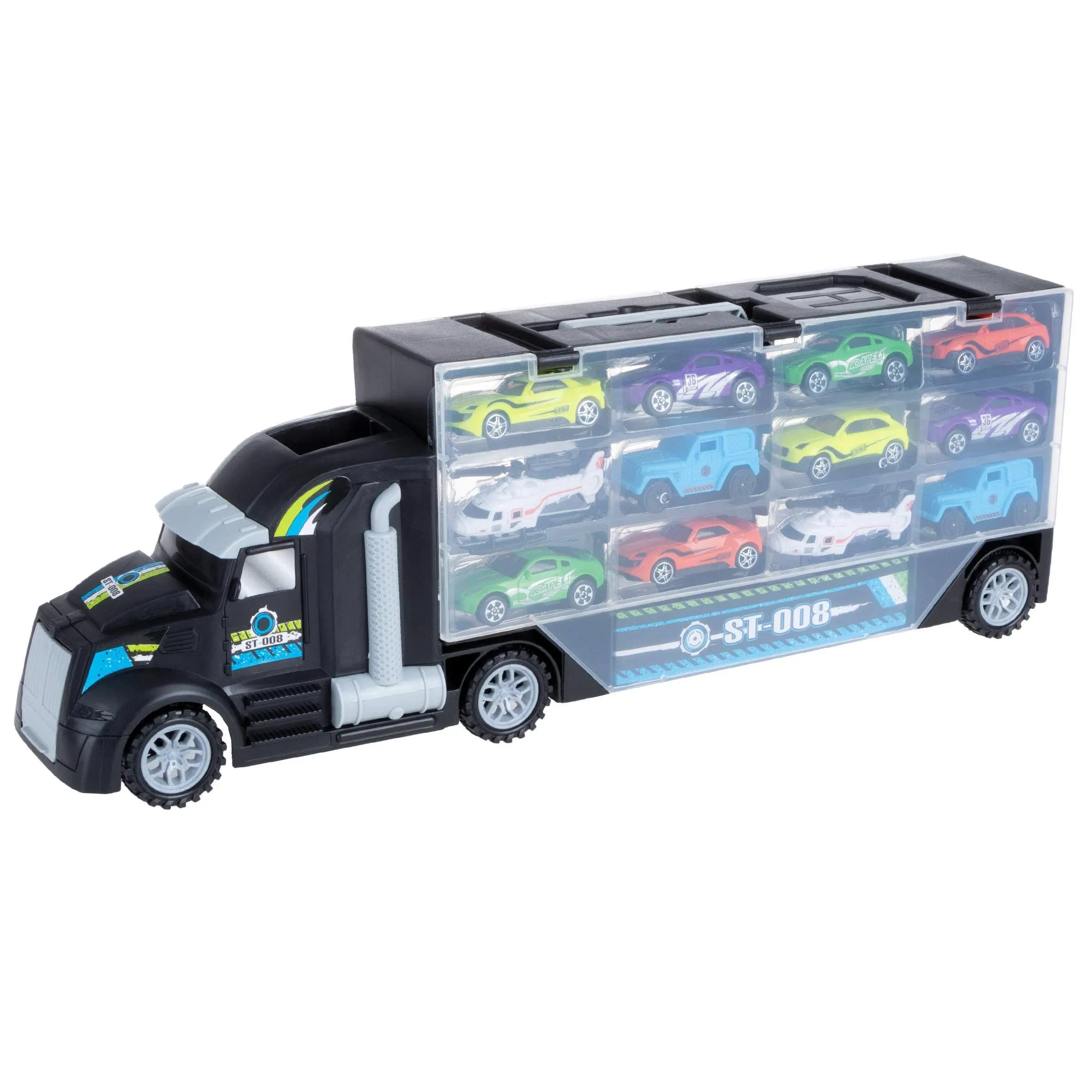 Hey! Play! Car Carrier Semi Truck Toy - 2-Sided Cargo Trailer Holds 24 Vehicles- Includes 10 Cars and 2 Helicopters –Storage Case with Carry Handle