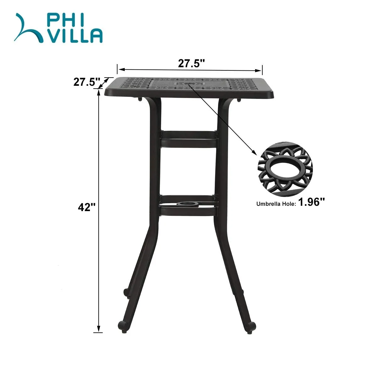 PHI VILLA 27.5" Cast Aluminum Patio Outdoor Frosted Surface Square Bar Height Bistro Table - 42" Pub Height - 27.5"x27.5"x42''