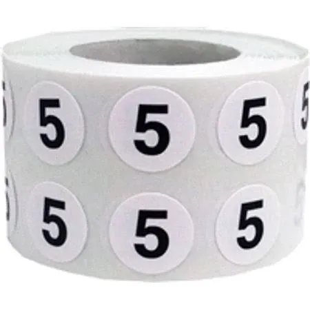 1/2" Inch Number 5 Stickers, Semi-Gloss White Round Labels with Black Text, 1000 Labels on a Roll, Perfect for Home Organization and Office Management, Permanent Adhesive