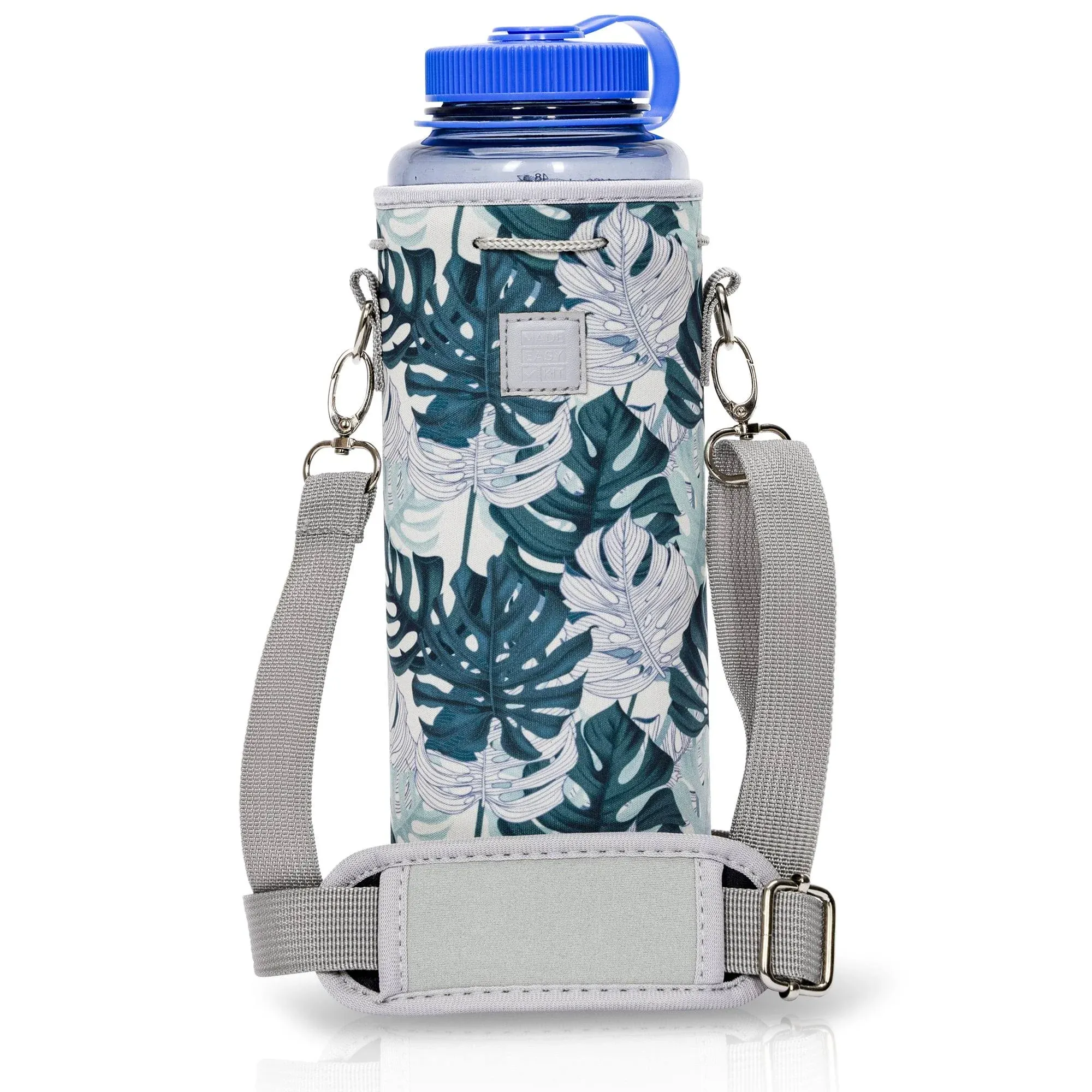 Made Easy Kit Neoprene Water Bottle Carrier Holder with Adjustable Shoulder Strap for Insulating & Carrying Water Container Canteen Flask Available in 5 Sizes (Green Gray House Floral, L+Tall (40oz))