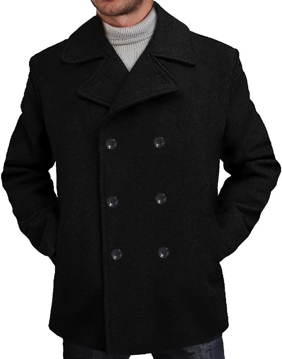 BGSD Men Mark Classic Wool Blend Double Breasted Walking Pea Coat (Also available in Big and Tall and Short)