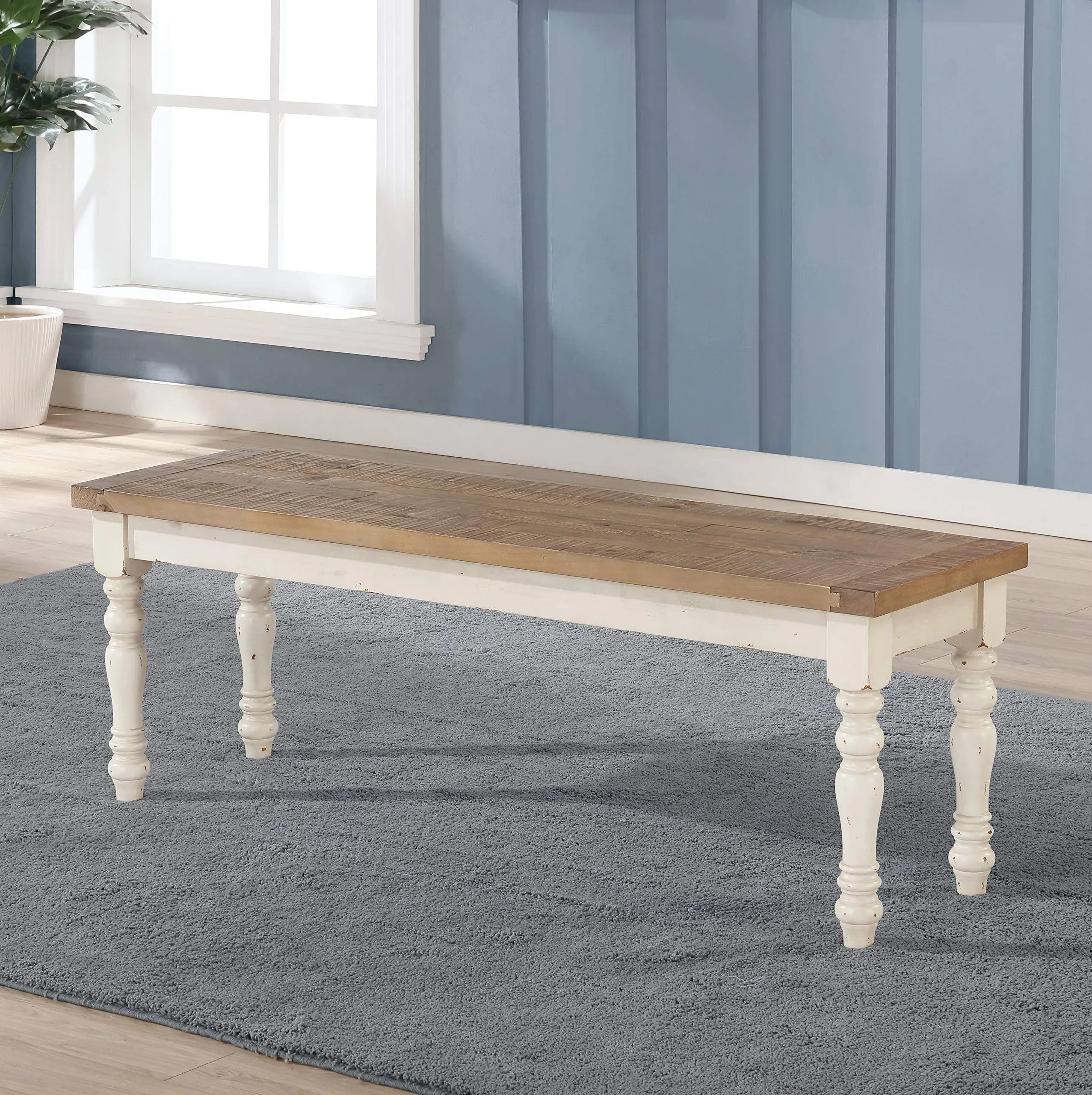 Roundhill Furniture Prato Two-Tone Distressed Oak Wood Dining Bench, Antique White