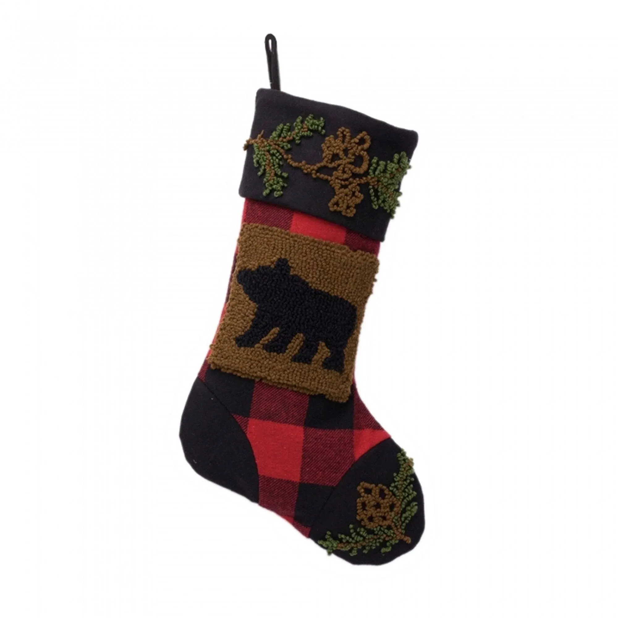 Glitzhome Plaid Stocking with Rug Hooked Bear