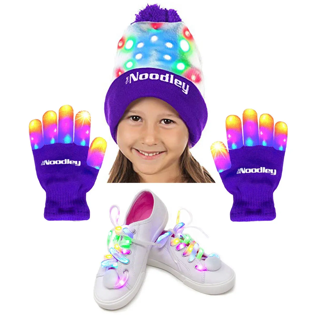 The Noodley Purple LED Gloves, Light Up Shoe Laces and Lighted Beanie Pom Hat ...