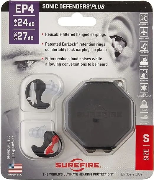 SureFire EP4 Sonic Defenders Plus filtered Earplugs, triple flanged design, reusable, Black, Small