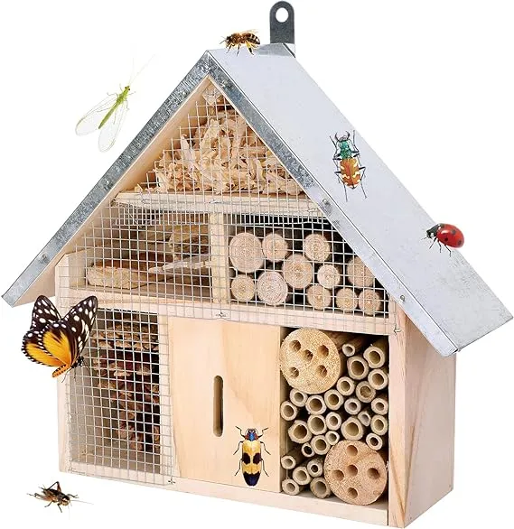 Insect House Natural Wooden Bee Hotel Butterfly Habitat for Gardens Ladybugs lacewings Butterfly Mason Bees Leaf Cutter & Many Other Beneficial Insects