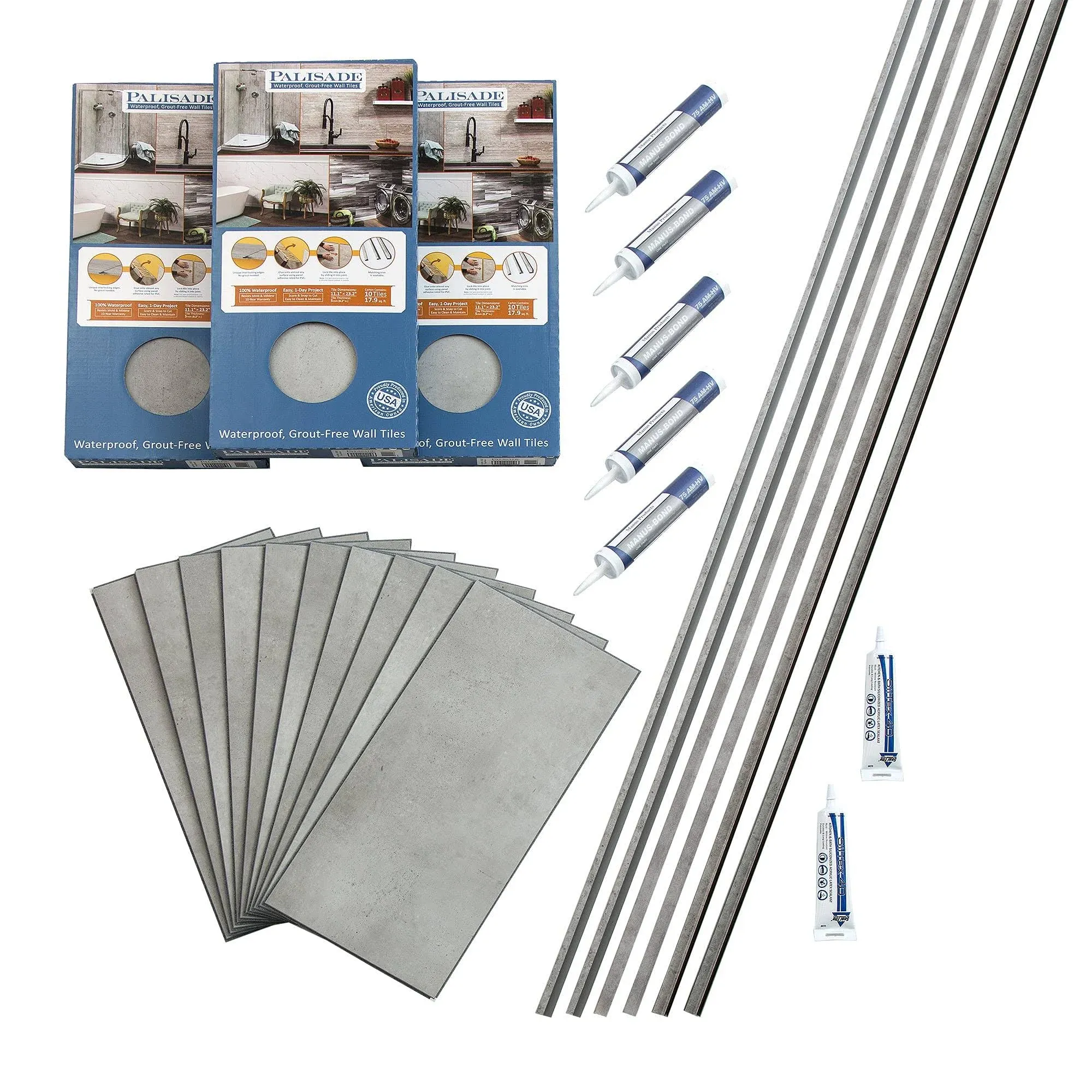 Palisade 23.2 in. x 11.1 in. Interlocking Vinyl Tile Shower and Tub Surround Kit in Frost Nickel