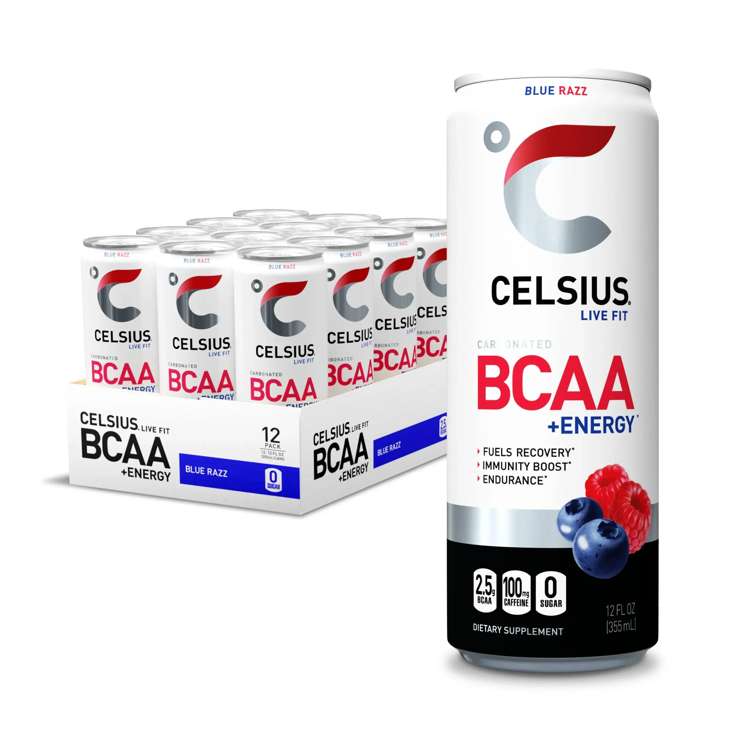 Celsius BCAA +Energy Post-Workout Recovery & Hydration Drink 12 fl oz, Sparkling Blue Razz (Pack of 12)