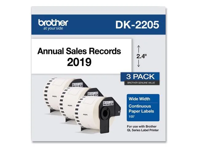 Brother DK-2205 Wide Width Continuous Paper Labels 2-4/10&#034; x 100&#039; Black on White