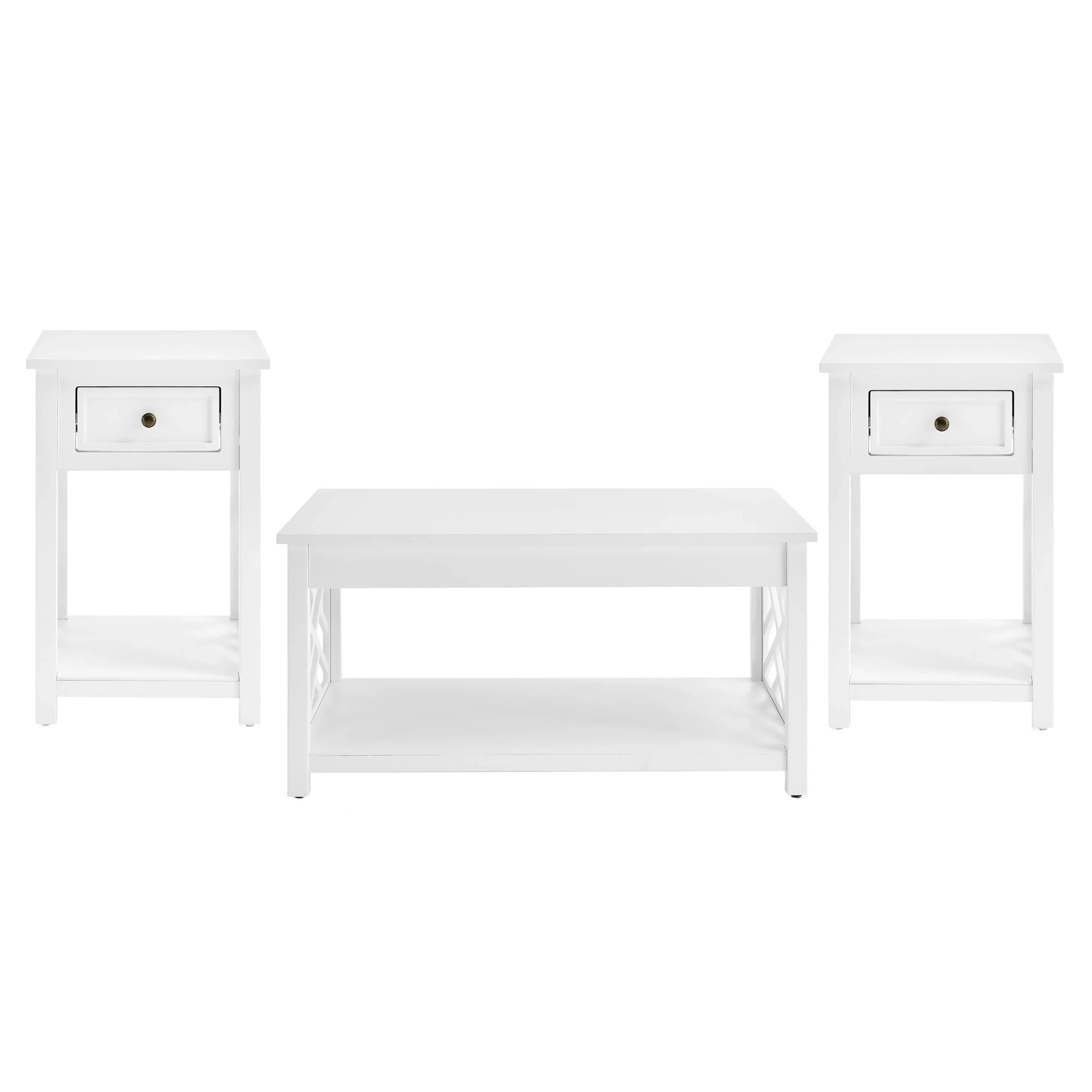 Coventry 36" Wood Coffee Table and Two End Tables with Drawer - White