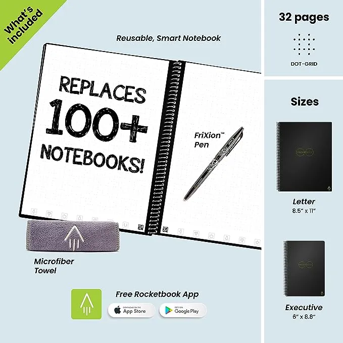 Rocketbook Core Reusable Smart Notebook | Innovative, Eco-Friendly, Digitally Connected Notebook with Cloud Sharing Capabilities | Lined, 8.5" x 11", 36 Pg, Neptune Teal, with Pen, Cloth, and App Included