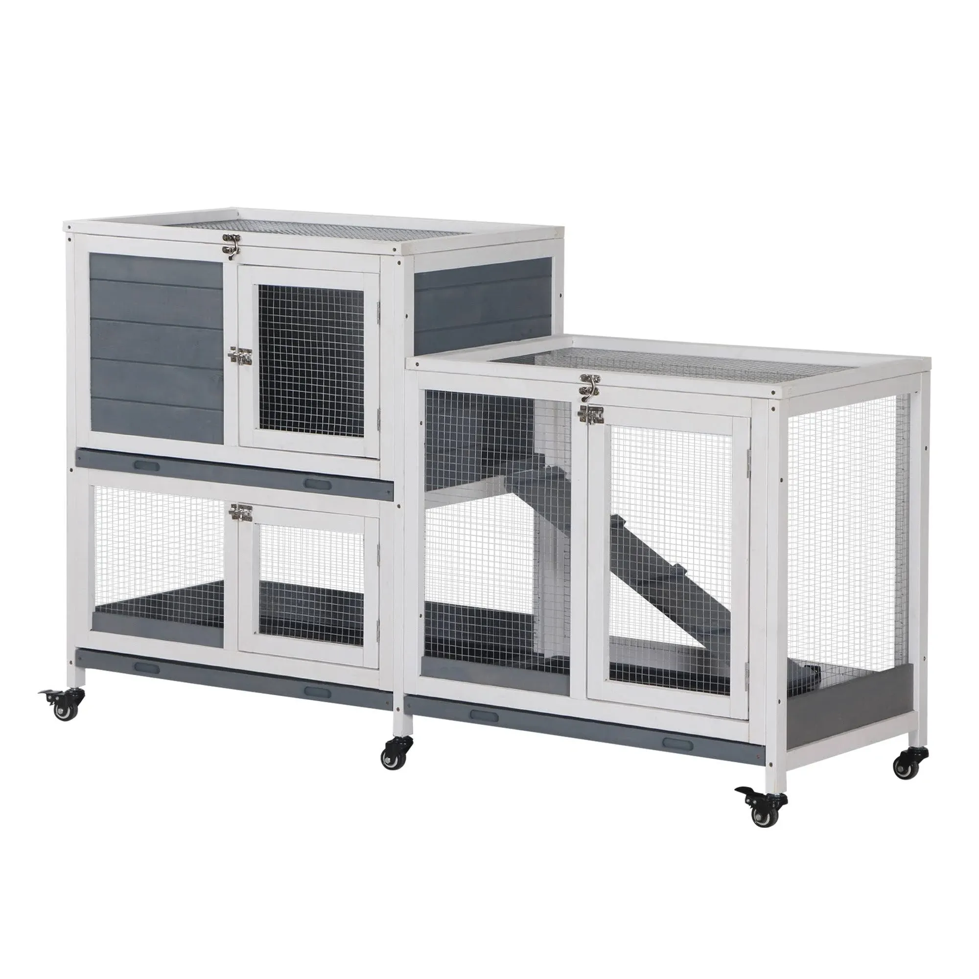 PawHut Wooden Rabbit Hutch Bunny Hutch Elevated Pet House Cage Small Animal Habitat with No Leak Tray Lockable Door Openable Top for Indoor 57.75&quot; x 18&quot; x 32.5&quot; Grey