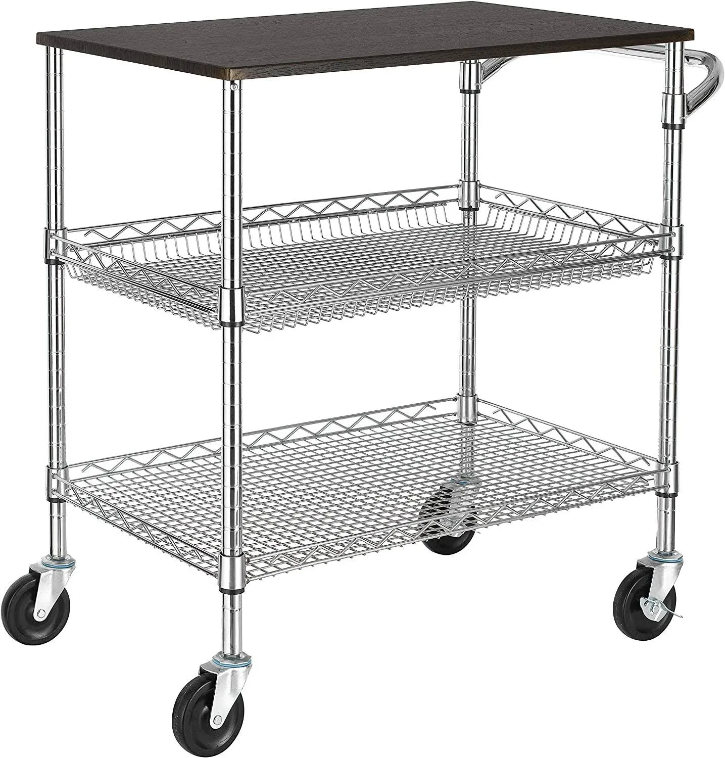 3 Tier Heavy Duty Utility Cart Wire Rolling with Handle Bar Food Storage Trolley