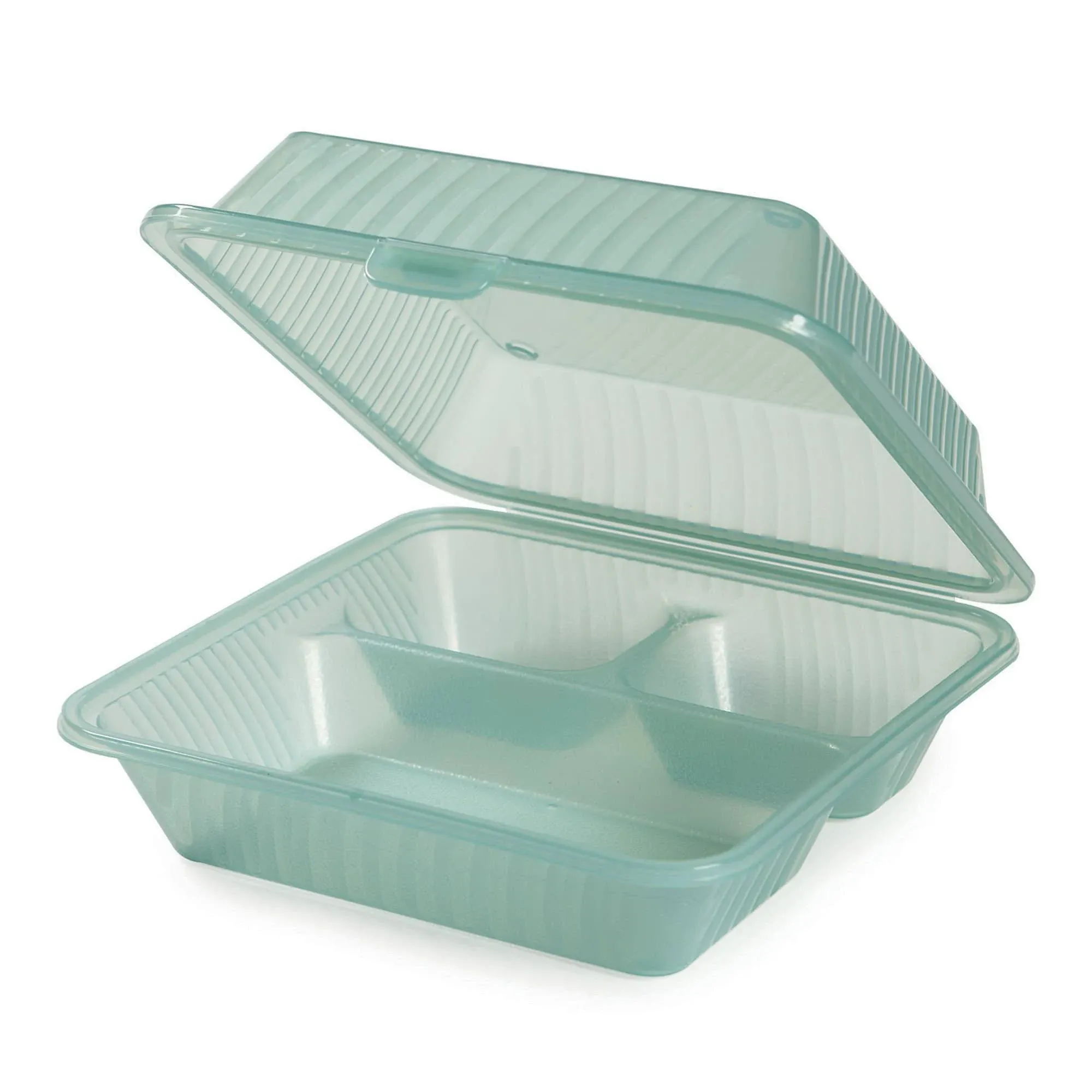 G E T ENTERPRISES G.E.T. 3 Compartment Jade Polypropylene Eco-Takeout Container - 9" L x 9" W x 3 1/2" H