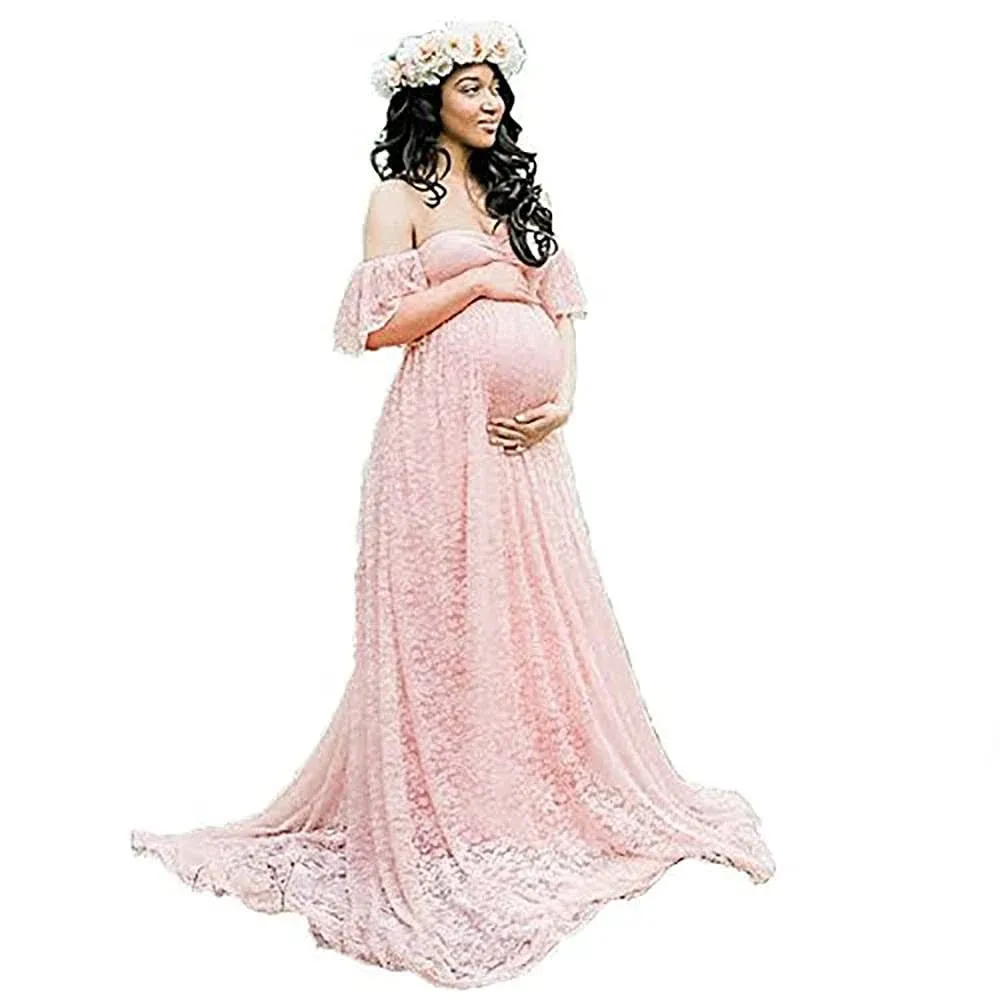 Ricwinann Womens Off Shoulder Ruffle Sleeve Lace Maternity Gown Maxi Photography ...