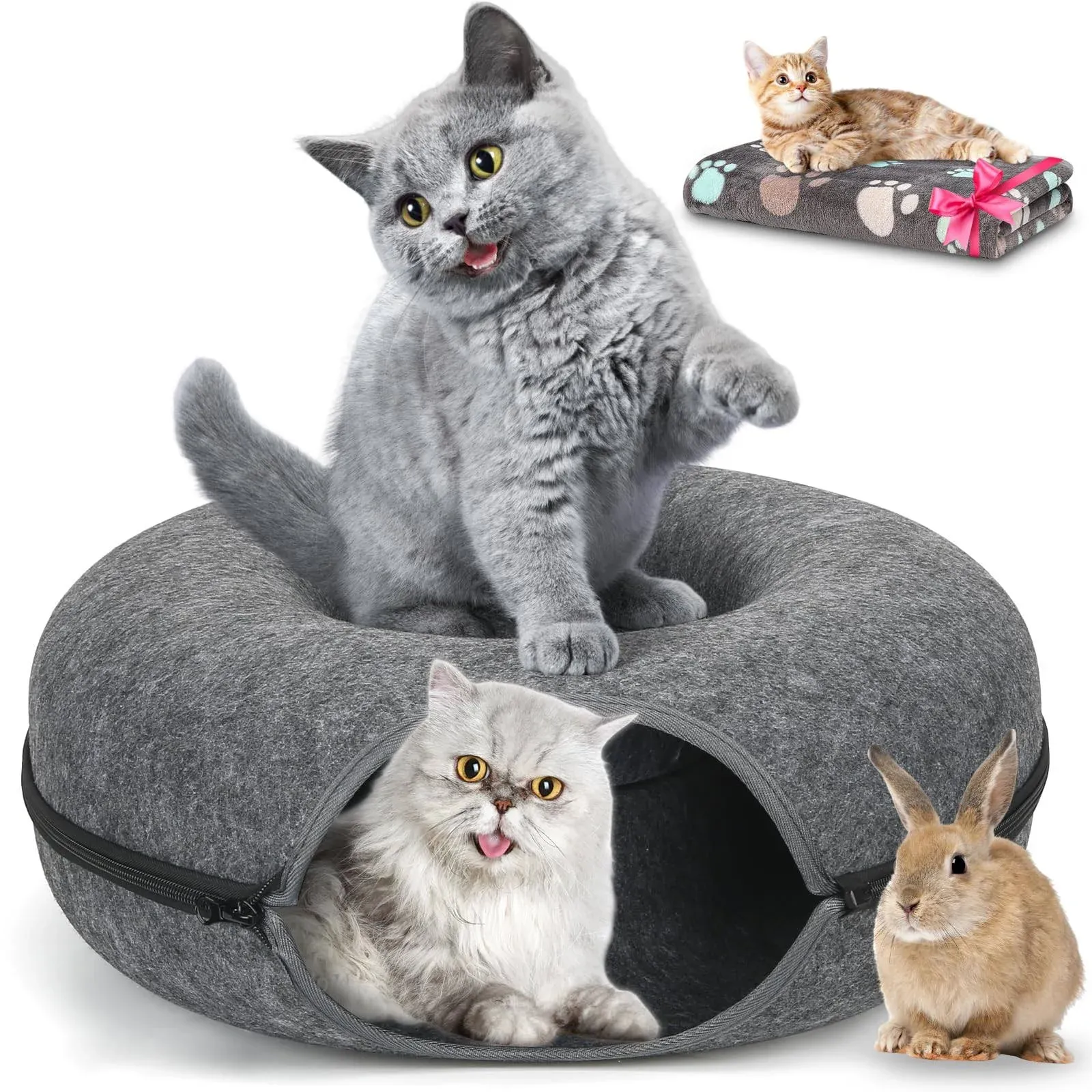 Medium 20 Inch,Cat Tunnel Bed,HOMAGICO Peekaboo Cat Cave with Pet Blanket,Detachable Donut Tunnel Bed for Indoor Cats,Exercise Scratching & Hideway Cat Nest,Cat Up to 8 lbs(Dark Grey)