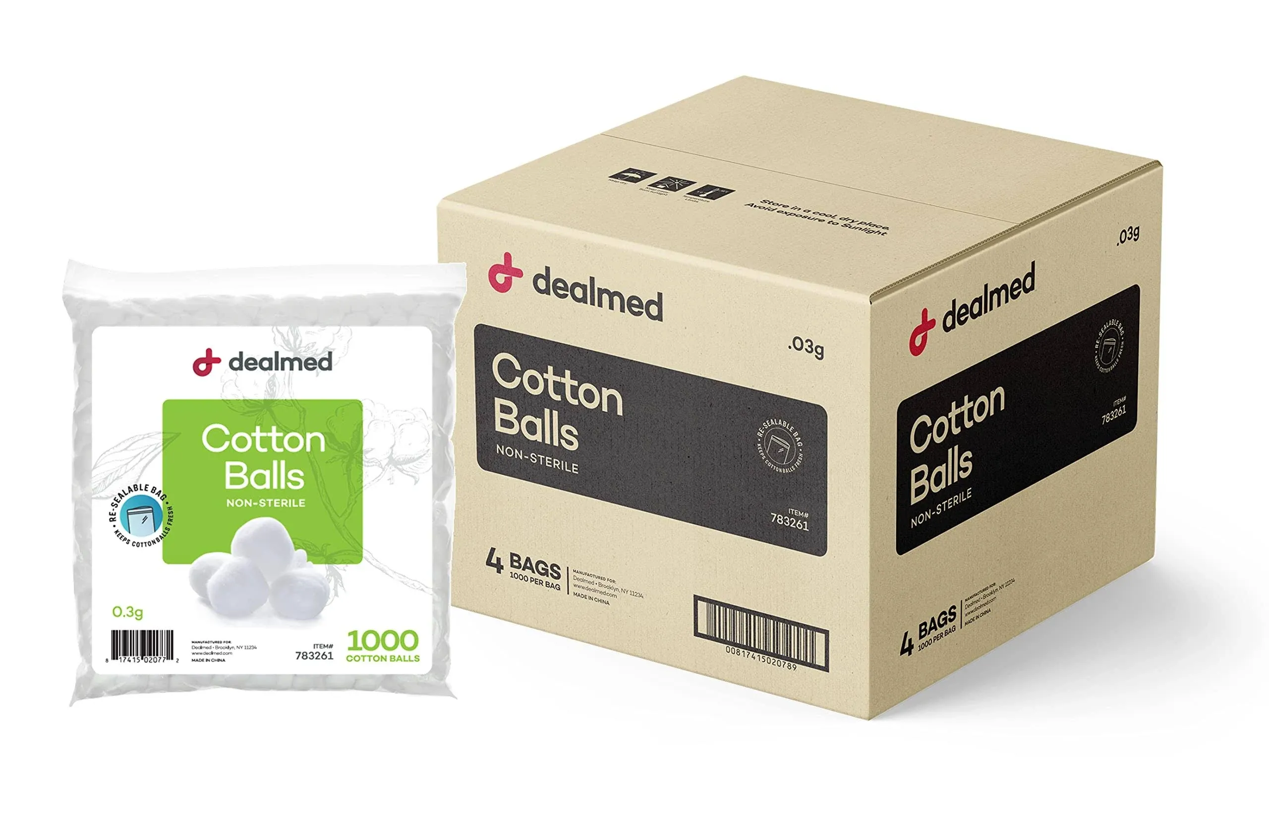 Dealmed Cotton Balls Non-Sterile Conveniently Packed in Zip-Locked Bag, 1000 ...