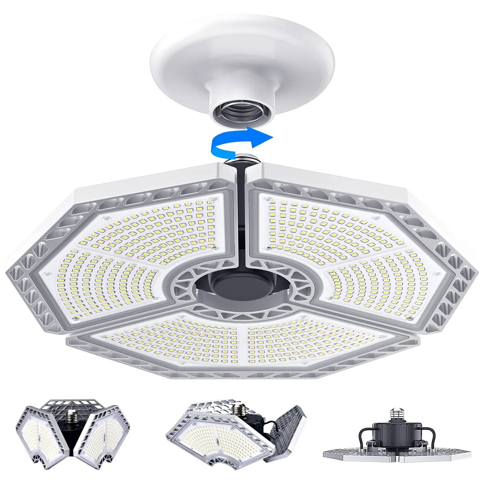 LED Garage Lights, 140W 18500 Lumens Garage Lighting, 6000K Daylight with Deformable Three Panels Garage Ceiling Light Fixture E26/E27 Triple Glow LED Shop Light for Garage Basement Workshop Warehouse