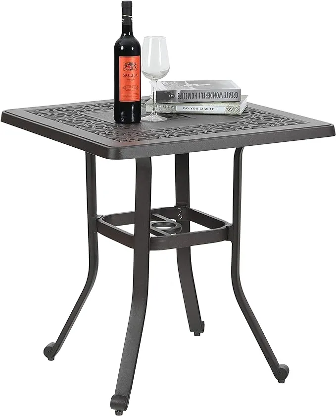 PHI VILLA Cast Aluminum Patio Bistro Dining Table Clearance with 1.97" Umbrella Hole, 27.5" Square Side Dining Table with Frosted Surface for Lawn Garden Yard