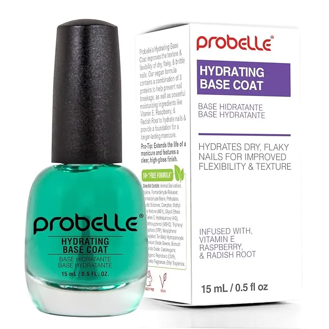 Probelle Hydrating Base Coat for Dry and Brittle Nails, Instant Moisturizer, Nourishes and Soothes Nails, Extends Polish Life, Ideal for Dehydrated, Rough, Breaking Nails (0.50 Fl oz/ 15 mL)