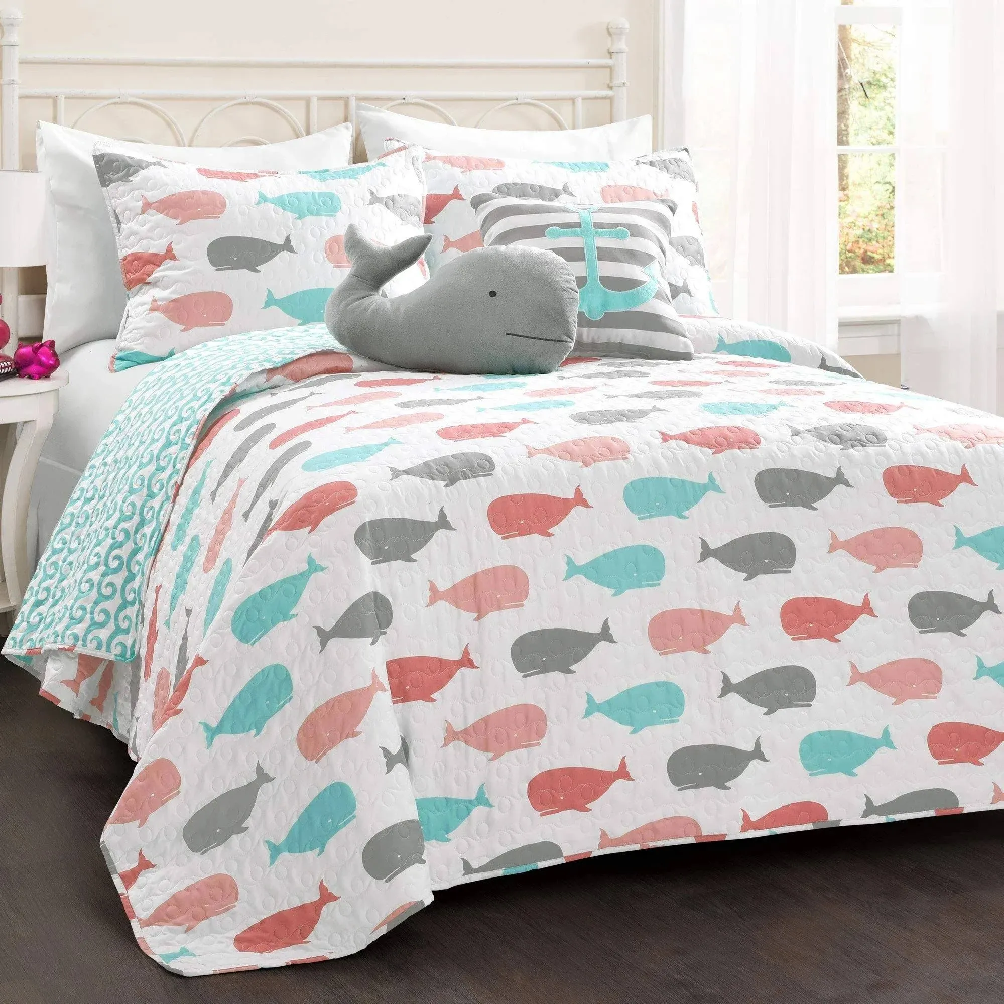 Lush Decor Whale Quilt Pink Aqua Set Full/Queen