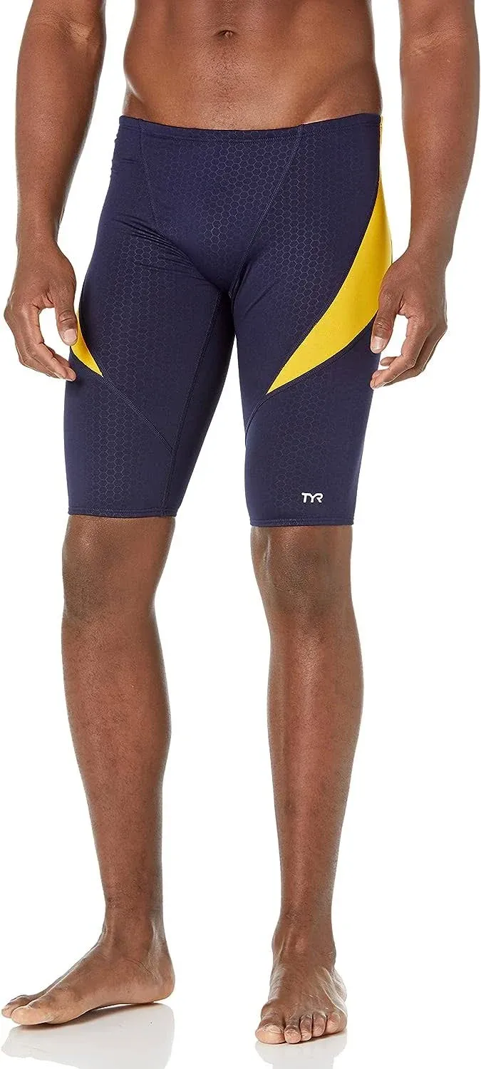 TYR Shexa7a Men's Hexa Curve Splice Jammer Swimsuit - Navy/Gold, 36