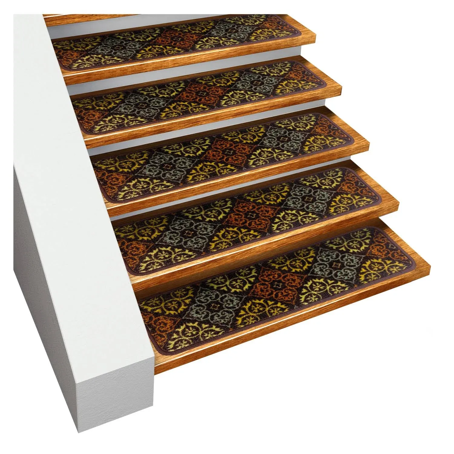 House, Home and More Set of 15 Skid-Resistant Carpet Stair Treads – Kaleidoscope Bloom – Autumn Brown – 8 Inches X 26 Inches