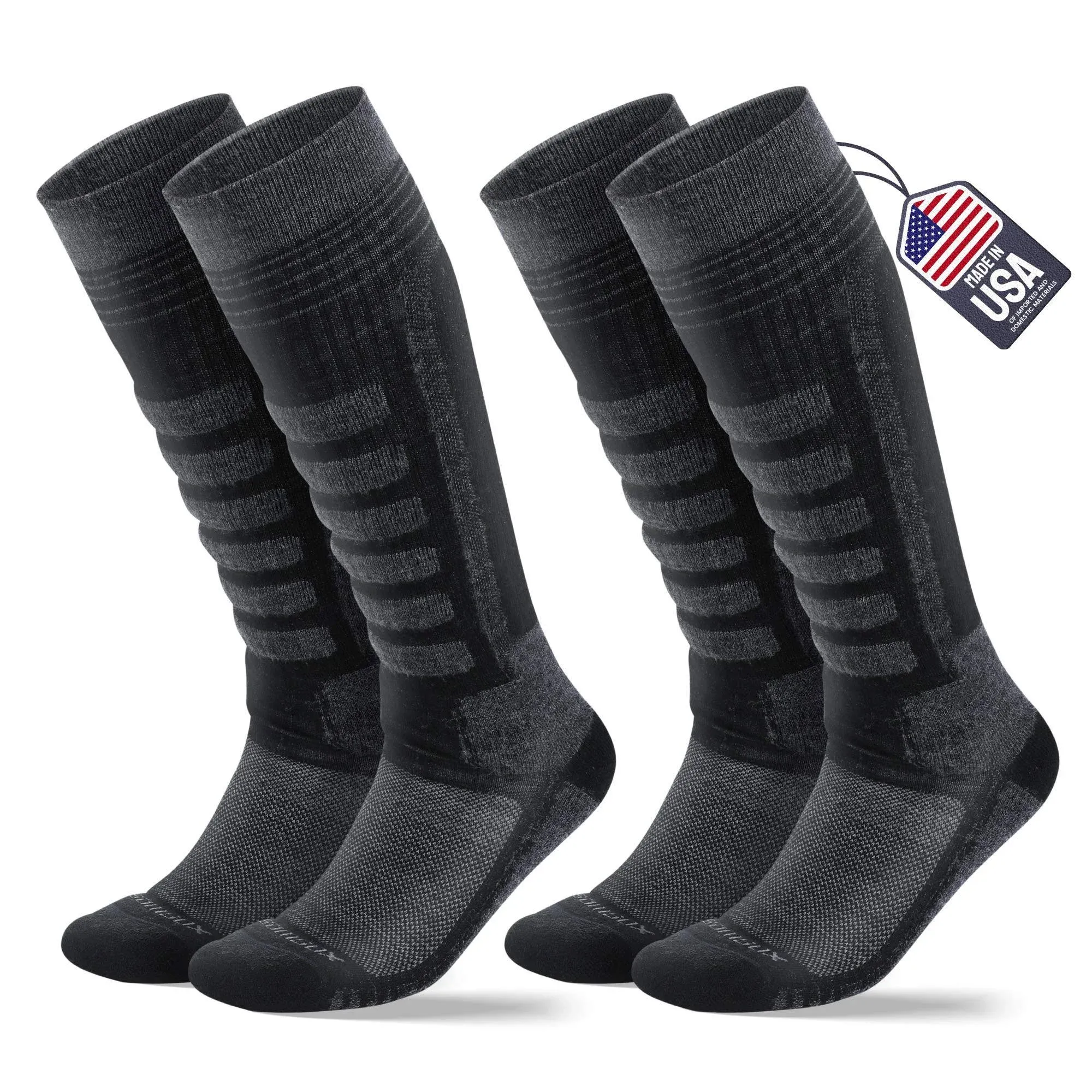  2-Pair Merino Wool Ski Socks, Made in USA Over-the Small-Medium Gray/Black