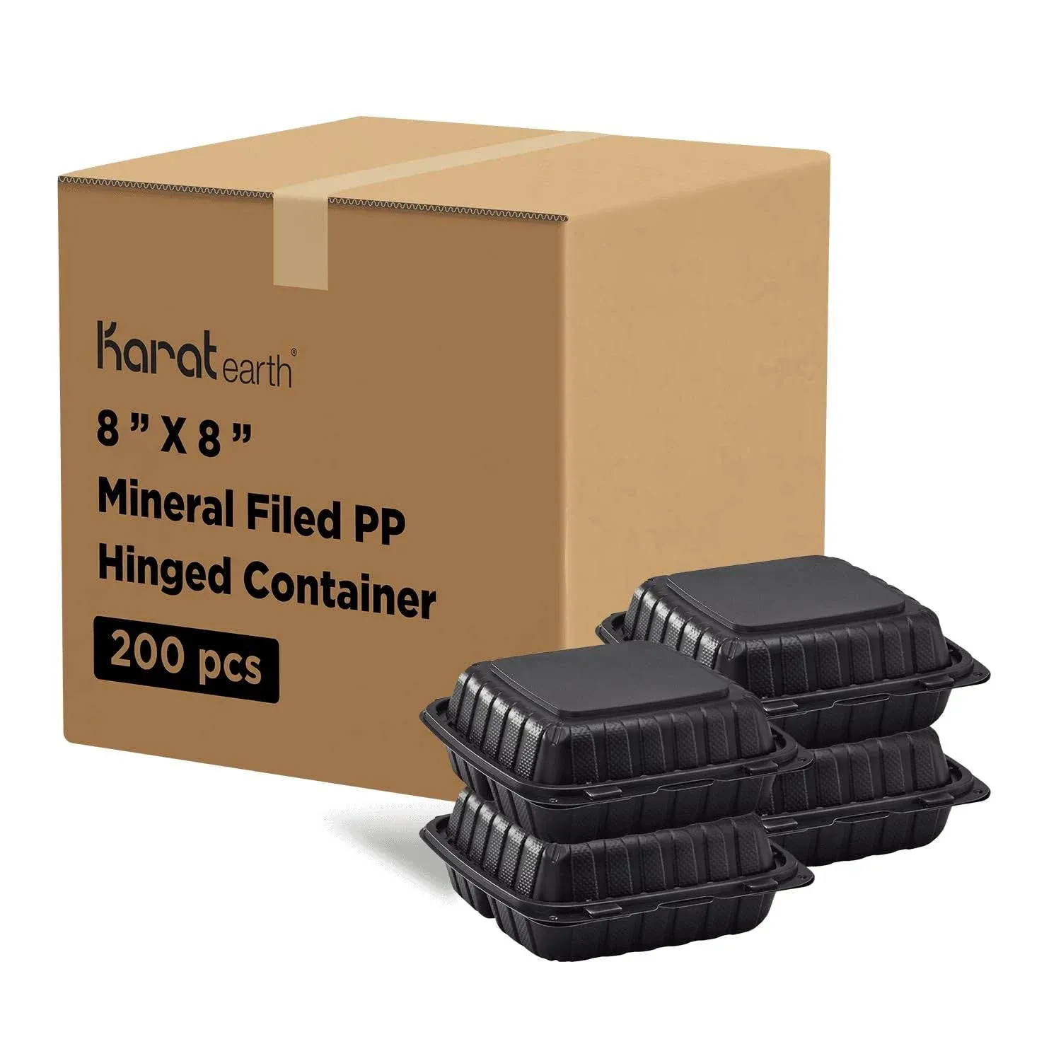 Karat Earth 8" x 8" Mineral Filled PP Hinged Container, 3 compartment - Black - 200 ct