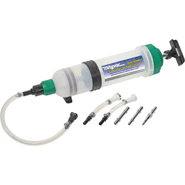 Mityvac MVA6853 1.5 Liter Fuel/Fluid Evacuation Extractor and Primer Syringe Kit, Manual Operation, Integrated Valve System for Diesel/Gasoline, Fuel Capable Seals, Compact Design, Easy to Clean Hose